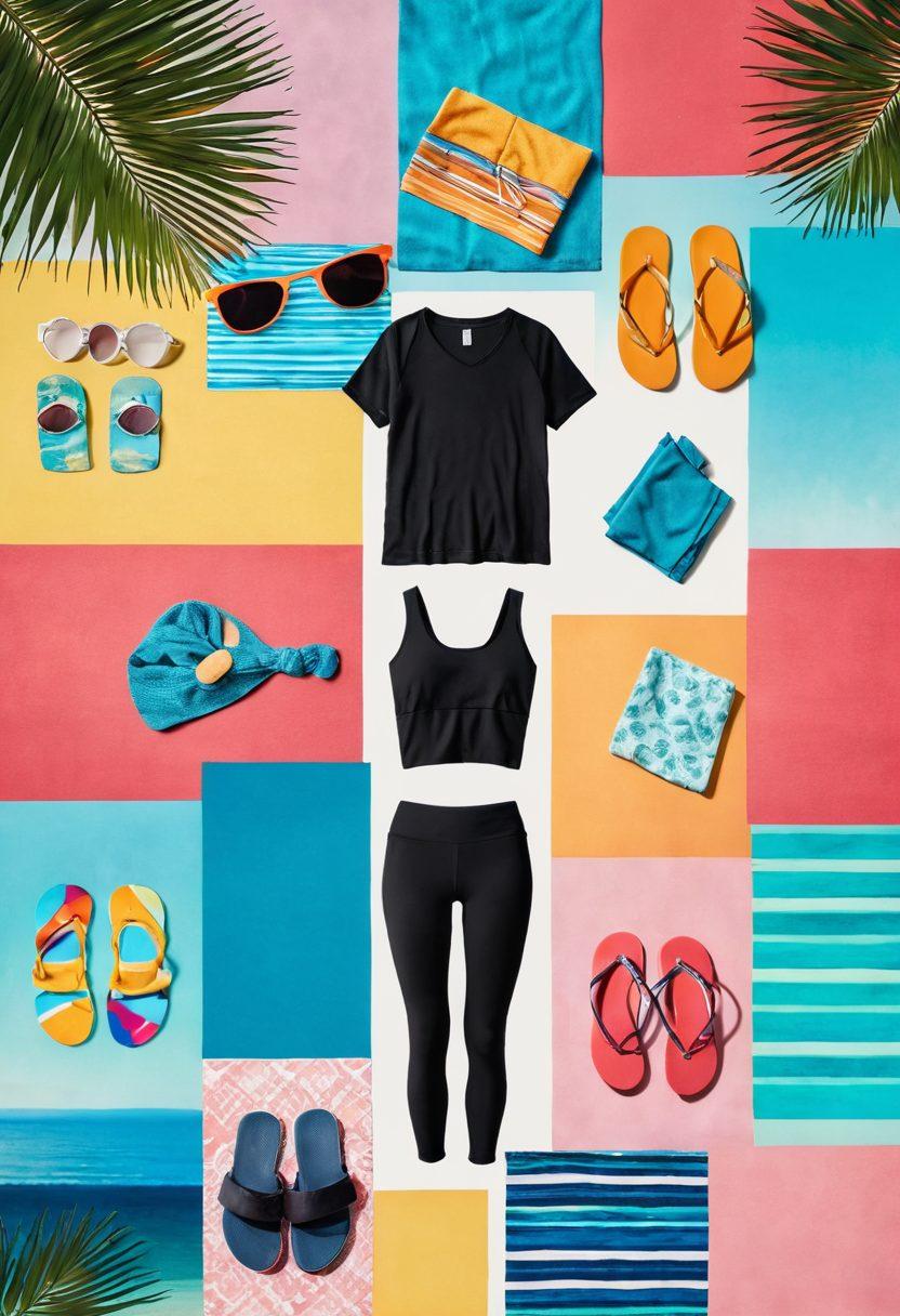 A vibrant collage showcasing a beach scene blending into an activewear setting. On one side, colorful beach essentials like towels, sunglasses, and flip-flops, transitioning to sporty clothing like yoga pants, running shoes, and gym accessories. The background should have a gradient sky from sunny to overcast, symbolizing the evolution. Include silhouettes of diverse individuals engaging in both beach and fitness activities. super-realistic. vibrant colors.