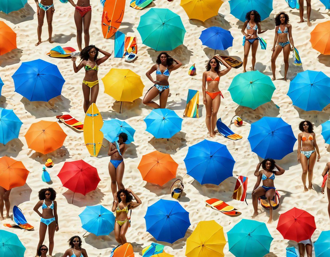 A lively beach scene featuring diverse models wearing fashionable swimwear and lingerie, showcasing the latest trends in vibrant colors. Include elements like sun umbrellas, surfboards, and beach towels to enhance the atmosphere. Showcase a mix of both beachwear and activewear styles, making it an inviting and trendy visual. Capture the sunlight glistening on the water for a refreshing effect. super-realistic. vibrant colors. beach setting.